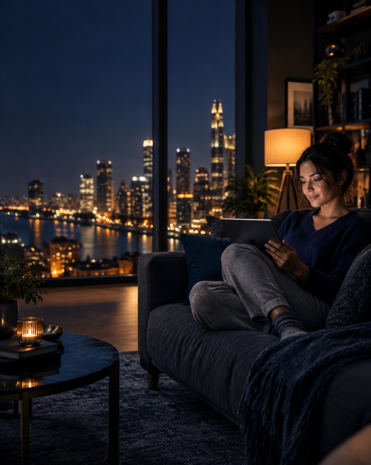 Persona che naviga da casa con vista sulla città